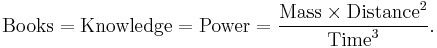  \text{Books} = \text{Knowledge} = \text{Power} = \frac{\text{Mass} \times \text{Distance}^2}{\text{Time}^3}.