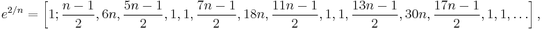 e^{2/n} = \left[1; \frac{n-1}{2}, 6n, \frac{5n-1}{2}, 1, 1, \frac{7n-1}{2}, 18n, \frac{11n-1}{2}, 1, 1, \frac{13n-1}{2}, 30n, \frac{17n-1}{2}, 1, 1, \dots \right] \,\!,