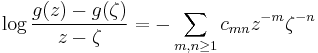  \log {g(z) -g(\zeta)\over z -\zeta}=-\sum_{m,n\ge 1}  c_{mn}z^{-m}\zeta^{-n}