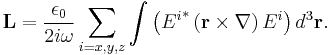 \mathbf{L}=\frac{\epsilon_0}{2i\omega}\sum_{i=x,y,z}\int \left({E^i}^{\ast}\left(\mathbf{r}\times\mathbf{\nabla}\right)E^{i}\right)d^{3}\mathbf{r}  .