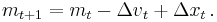 m_{t%2B1} = m_t - {\Delta v}_t %2B {\Delta x}_t \,.