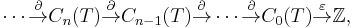  \cdots \overset{\partial}{\to} C_n(T)\overset{\partial}{\to} C_{n-1}(T)\overset{\partial}{\to} \cdots \overset{\partial}{\to} C_0(T)\overset{\varepsilon}{\to} \mathbb Z, 