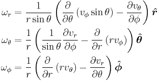 
\begin{align}
\omega_r      &= {1 \over r\sin\theta}\left({\partial \over \partial \theta} \left( v_\phi\sin\theta \right) - {\partial v_\theta \over \partial \phi}\right) \boldsymbol{\hat r} \\
\omega_\theta &= {1 \over r}\left({1 \over \sin\theta}{\partial v_r \over \partial \phi} - {\partial \over \partial r} \left( r v_\phi \right) \right) \boldsymbol{\hat \theta} \\
\omega_\phi   &= {1 \over r}\left({\partial \over \partial r} \left( r v_\theta \right) - {\partial v_r \over \partial \theta}\right) \boldsymbol{\hat \phi} \\
\end{align}
