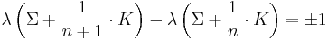 \lambda\left(\Sigma%2B\frac{1}{n%2B1}\cdot K\right)-\lambda\left(\Sigma%2B\frac{1}{n}\cdot K\right)=\pm 1