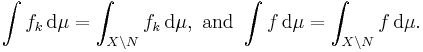  \int f_k \, \mathrm{d}\mu = \int_{X \backslash N} f_k \, \mathrm{d}\mu, \ \text{and} \ \int f \, \mathrm{d}\mu = \int_{X \backslash N} f \, \mathrm{d}\mu. 