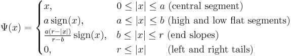 
\Psi(x)= 
\begin{cases} 
x, & 0\le |x| \le a \text{ (central segment)}\\
a\, \operatorname{sign}(x), & a\le |x| \le b  \text{ (high and low flat segments)}\\
\frac{a(r-|x|)}{r-b}\,\operatorname{sign}(x),& b\le |x| \le r  \text{ (end slopes)}\\
0,& r\le |x| \qquad\, \text{(left and right tails)}
\end{cases}
