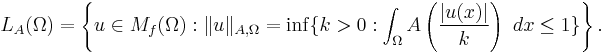 
L_A(\Omega)=\left\{ u\in M_f(\Omega):\|u\|_{A,\Omega}=\inf\{ k>0:\int_\Omega A\left( \frac{|u(x)|}{k} \right)~dx\leq 1 \} \right\}.
