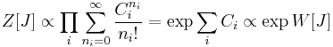 Z[J]\propto\prod_i{\sum^\infty_{n_i=0}{\frac{C_i^{n_i}}{n_i!}}}=\exp{\sum_i{C_i}}\propto \exp{W[J]}