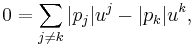 \,0=\sum_{j\ne k}|p_j|u^j-|p_k|u^k,