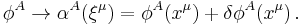 
{\phi}^A \rightarrow \alpha^A (\xi^{\mu}) = \phi^A (x^{\mu}) %2B \delta \phi^A (x^{\mu})
\,.