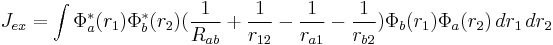  J_{ex} = \int \Phi_a^{*}(r_1) \Phi_b^{*}(r_2) (\frac{1}{R_{ab}} %2B \frac{1}{r_{12}} - \frac{1}{r_{a1}} - \frac{1}{r_{b2}}) \Phi_b(r_1) \Phi_a(r_2) \, dr_1\, dr_2