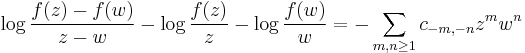  \log {f(z)-f(w)\over z -w} -\log{f(z)\over z} -\log{f(w)\over w} =-\sum_{m,n\ge 1} c_{-m,-n} z^m w^n