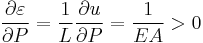  \frac{\partial \varepsilon}{\partial P} = \frac{1}{L} \frac{\partial u}{\partial P} = \frac{1}{EA} > 0 