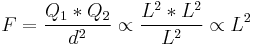 
F = {{Q_{1} * Q_{2} } \over d^2} \propto {{L^2 * L^2}\over L^2} \propto L^2
