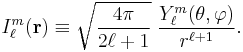  
I^m_{\ell}(\mathbf{r}) \equiv \sqrt{\frac{4\pi}{2\ell%2B1}} \; \frac{ Y^m_{\ell}(\theta,\varphi)}{r^{\ell%2B1}} .
