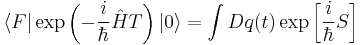 
   \langle F | \exp\left( {- {i \over \hbar } \hat H T} \right) |0\rangle =
\int Dq(t)
\exp\left[ {i\over \hbar} S \right]
 