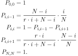  \begin{align}
P_{0,0}&=1\\
P_{i,i-1} &= \frac{N-i}{r \cdot i %2B N-i} \cdot \frac{i}{N}\\
P_{i,i} &= 1- P_{i,i-1} - P_{i,i%2B1}\\
P_{i,i%2B1} &= \frac{r \cdot i}{r \cdot i %2B N-i} \cdot \frac{N-i}{N}\\
P_{N,N}&=1.
\end{align}