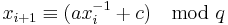 x_{i%2B1}\equiv(ax_i^{-1}%2B c) \mod q