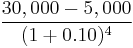 \frac{30,000 - 5,000}{(1%2B0.10)^4}