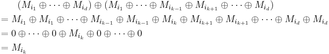 
\begin{align}
& {} \qquad (M_{i_1} \oplus \dots \oplus M_{i_d}) \oplus
(M_{i_1} \oplus \dots \oplus M_{i_{k-1}} \oplus M_{i_{k%2B1}} \oplus \dots \oplus M_{i_d}) \\
& = M_{i_1} \oplus M_{i_1} \oplus \dots \oplus M_{i_{k-1}} \oplus M_{i_{k-1}} \oplus M_{i_k} \oplus
M_{i_{k%2B1}} \oplus M_{i_{k%2B1}} \oplus \dots \oplus M_{i_d} \oplus M_{i_d} \\
& = 0 \oplus \dots \oplus 0 \oplus M_{i_k} \oplus 0 \oplus \dots \oplus 0 \\
& =  M_{i_k} \,
\end{align}
