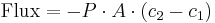 \text{Flux} = {-P\cdot A\cdot (c_2 - c_1)}\,\!