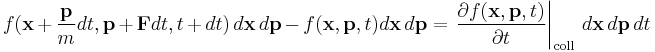 
f(\mathbf{x}%2B\frac{\mathbf{p}}{m}dt,\mathbf{p} %2B \mathbf{F}dt,t%2Bdt) \,d\mathbf{x}\,d\mathbf{p}
- f(\mathbf{x},\mathbf{p},t)d\mathbf{x}\,d\mathbf{p} =
\left. \frac{\partial f(\mathbf{x},\mathbf{p},t)}{\partial t} \right|_{\mathrm{coll}} \, d\mathbf{x} \, d\mathbf{p} \, dt
