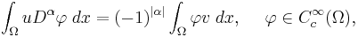  \int_\Omega uD^\alpha\varphi\;dx=(-1)^{|\alpha|}\int_\Omega \varphi v \;dx, \ \ \ \ \varphi\in C_c^\infty(\Omega),