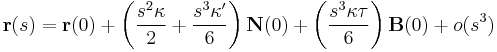 \mathbf r(s) = \mathbf r(0) %2B \left(\frac{s^2\kappa}{2}%2B\frac{s^3\kappa'}{6}\right)\mathbf N(0) %2B \left(\frac{s^3\kappa\tau}{6}\right)\mathbf B(0)%2B o(s^3)