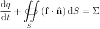  \frac{{\rm d}q}{{\rm d}t} %2B \iint\limits_{S}\!\!\!\!\!\!\!\!\!\!\!\subset\!\supset (\mathbf{f}\cdot\mathbf{\hat{n}})\,{\rm d}S = \Sigma