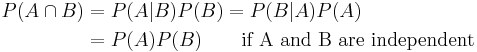 \begin{align}
P(A\cap B) & = P(A|B)P(B) = P(B|A)P(A)\\
& = P(A)P(B) \qquad\mbox{if A and B are independent}\\
\end{align}