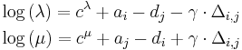 \begin{align}
  & \log \left( \lambda  \right)=c^{\lambda }%2Ba_{i}-d_{j}-\gamma \cdot \Delta _{i,j} \\ 
 & \log \left( \mu  \right)=c^{\mu }%2Ba_{j}-d_{i}%2B\gamma \cdot \Delta _{i,j} \\ 
\end{align}