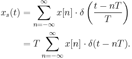 
\begin{align}
x_s(t) & = \sum_{n=-\infty}^{\infty} x[n]\cdot \delta\left(\frac{t - nT}{T}\right) \\
& {} = T \sum_{n=-\infty}^{\infty} x[n]\cdot \delta(t - nT).
\end{align}
