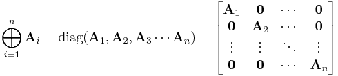 
\bigoplus_{i=1}^{n} \bold{A}_{i} = {\rm diag}( \bold{A}_1, \bold{A}_2, \bold{A}_3 \cdots \bold{A}_n)=
\begin{bmatrix}
 \bold{A}_1 & \boldsymbol{0} & \cdots & \boldsymbol{0} \\
 \boldsymbol{0} & \bold{A}_2 & \cdots & \boldsymbol{0} \\
 \vdots & \vdots & \ddots & \vdots \\
 \boldsymbol{0} & \boldsymbol{0} & \cdots & \bold{A}_n \\
\end{bmatrix}\,\!