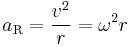 a_{\mathrm{R}} = \frac{v^2}{r} = \omega^2r\!