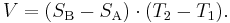 V = (S_\mathrm{B} - S_\mathrm{A}) \cdot (T_2 - T_1).