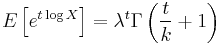 E\left[e^{t\log X}\right] = \lambda^t\Gamma\left(\frac{t}{k}%2B1\right)