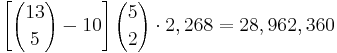 \left[{13 \choose 5} - 10\right]{5 \choose 2} \cdot 2,268 = 28,962,360