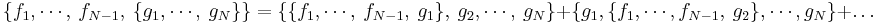  \{ f_1,\cdots , ~f_{N-1},~ \{ g_1,\cdots,~ g_N\}\} =  \{ \{ f_1, \cdots, ~ f_{N-1},~g_1\},~g_2,\cdots,~g_N\}%2B\{g_1, \{f_1,\cdots,f_{N-1}, ~g_2\},\cdots,g_N\}%2B\dots 