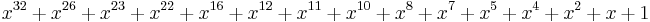 x^{32} %2B x^{26} %2B x^{23} %2B x^{22} %2B x^{16} %2B x^{12} %2B x^{11} %2B x^{10} %2B x^8 %2B x^7 %2B x^5 %2B x^4 %2B x^2 %2B x %2B 1