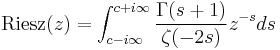 {\rm Riesz}(z) = \int_{c - i \infty}^{c%2Bi \infty} \frac{\Gamma(s%2B1)}{\zeta(-2s)} z^{-s} ds 