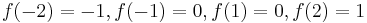 f(-2)=-1, f(-1)=0, f(1)=0, f(2)=1