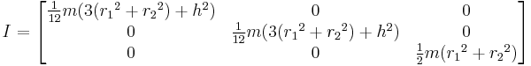 
I =
\begin{bmatrix}
  \frac{1}{12} m (3({r_1}^2 %2B {r_2}^2)%2Bh^2)  & 0 & 0 \\
  0 & \frac{1}{12} m (3({r_1}^2 %2B {r_2}^2)%2Bh^2) & 0 \\ 
  0 & 0 & \frac{1}{2} m ({r_1}^2 %2B {r_2}^2)\end{bmatrix}
