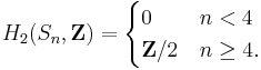 H_2(S_n,\mathbf{Z}) = \begin{cases} 0 & n < 4\\
\mathbf{Z}/2 & n \geq 4.\end{cases}