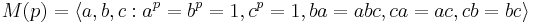  M(p) = \langle a,b,c�: a^p = b^p = 1, c^p = 1, ba=abc, ca=ac, cb=bc \rangle 