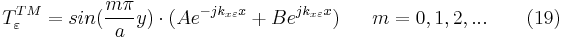 T_{\varepsilon }^{TM}=sin(\frac{m\pi }{a}y)\cdot(Ae^{-jk_{x\varepsilon}x }%2BBe^{jk_{x\varepsilon }x}) \ \ \ \ \   m = 0, 1, 2, ...    	  \ \ \ \ \ \     (19) 