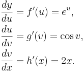 \begin{align}
\frac{dy}{du} &= f'(u) = e^u, \\
\frac{du}{dv} &= g'(v) = \cos v, \\
\frac{dv}{dx} &= h'(x) = 2x.
\end{align}