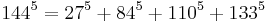 144^5 = 27^5 %2B 84^5 %2B 110^5 %2B 133^5