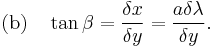 
   \text{(b)}\quad
   \tan\beta=\frac{\delta x}{\delta y}
              =\frac{a\delta \lambda}{\delta y}.
