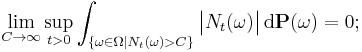 \lim_{C \to \infty} \sup_{t > 0} \int_{\{ \omega \in \Omega | N_{t} (\omega) > C \}} \big| N_{t} (\omega) \big| \, \mathrm{d} \mathbf{P} (\omega) = 0;