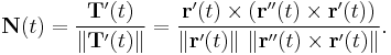 \mathbf{N}(t) = \frac{\mathbf{T}'(t)}{\|\mathbf{T}'(t)\|} = \frac{\mathbf{r}'(t) \times \left(\mathbf{r}''(t) \times \mathbf{r}'(t) \right)}{\left\|\mathbf{r}'(t)\right\| \, \left\|\mathbf{r}''(t) \times \mathbf{r}'(t)\right\|}.